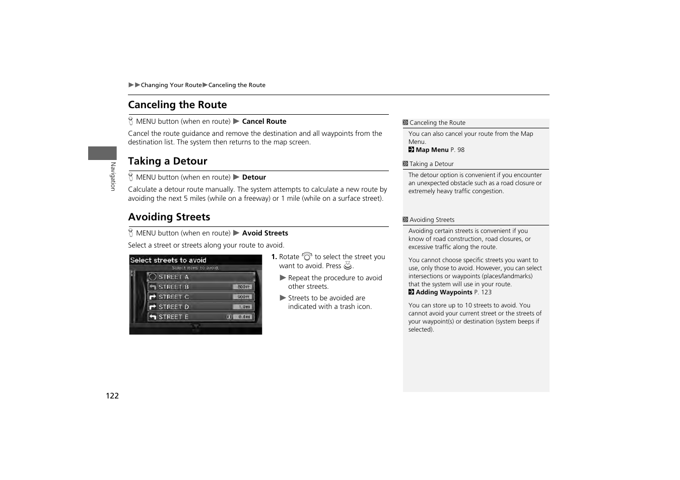 P122), 2 avoiding streets p. 122, 2 canceling the route | P. 122, 2 taking a detour, 2 avoiding streets, Canceling the route, Taking a detour, Avoiding streets | Acura 2013 ZDX Navigation User Manual | Page 124 / 251