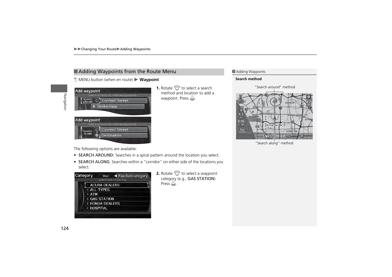 2 adding waypoints from the route menu, P. 124 | Acura 2013 ZDX Navigation User Manual | Page 126 / 251