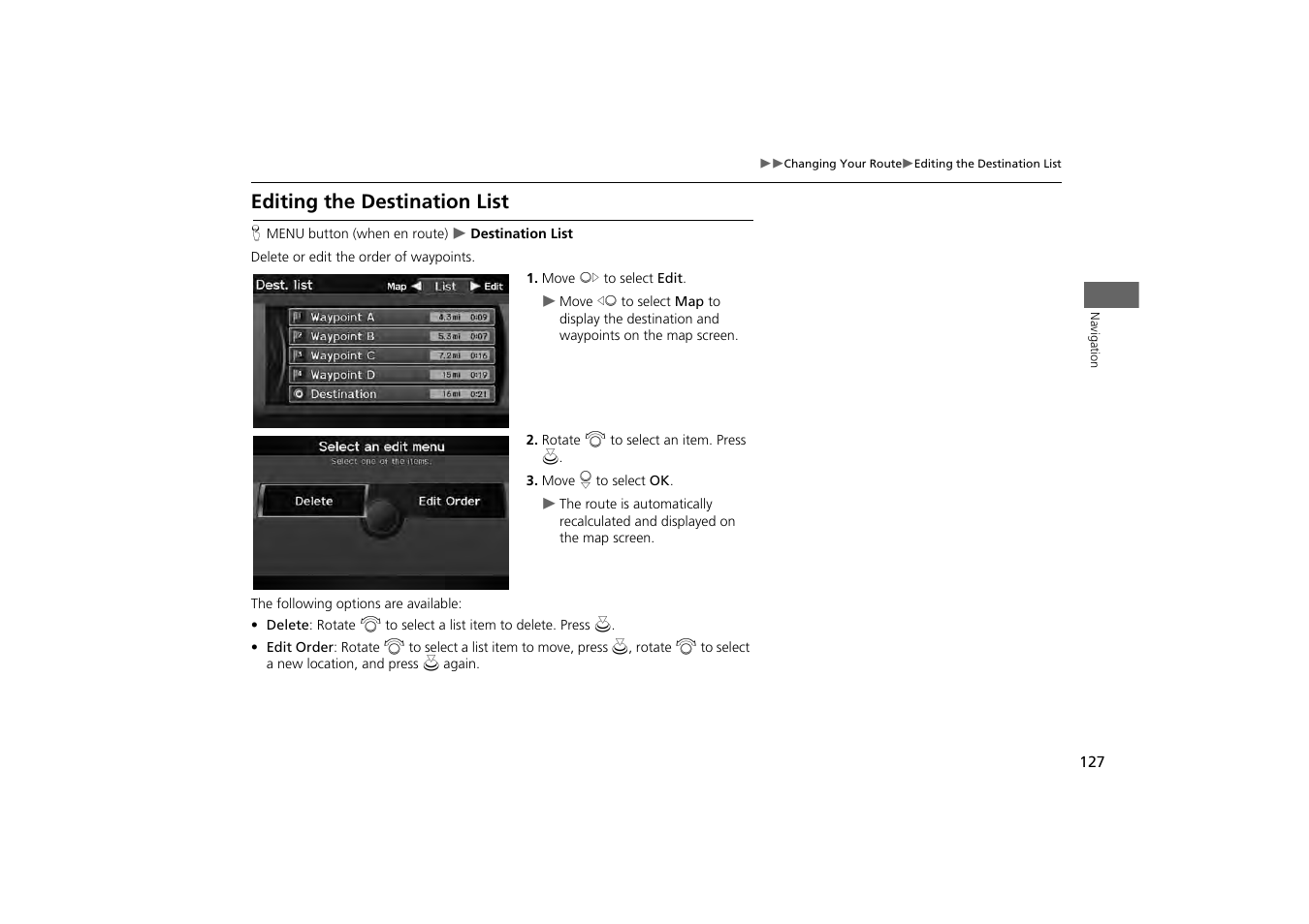 Editing the destination list, 2 editing the destination list p. 127, 2 editing the destination list | P. 127 | Acura 2013 ZDX Navigation User Manual | Page 129 / 251