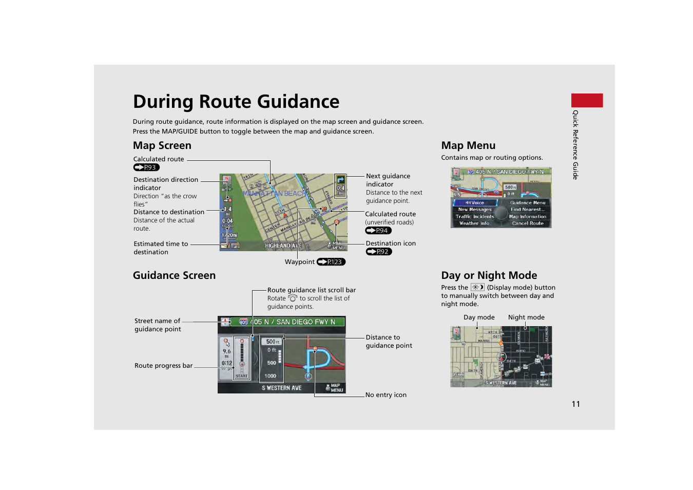 During route guidance, Map screen guidance screen, Map menu | Day or night mode | Acura 2013 ZDX Navigation User Manual | Page 13 / 251