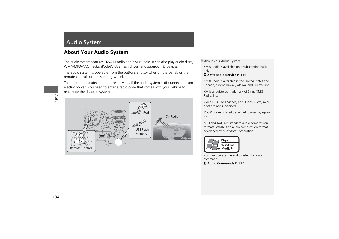 Audio system 134, Audio system, About your audio system | Acura 2013 ZDX Navigation User Manual | Page 136 / 251