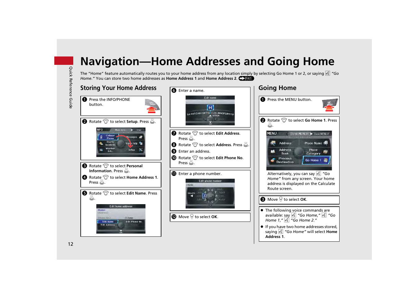 Navigation—home addresses and going home, Storing your home address, Going home | Acura 2013 ZDX Navigation User Manual | Page 14 / 251