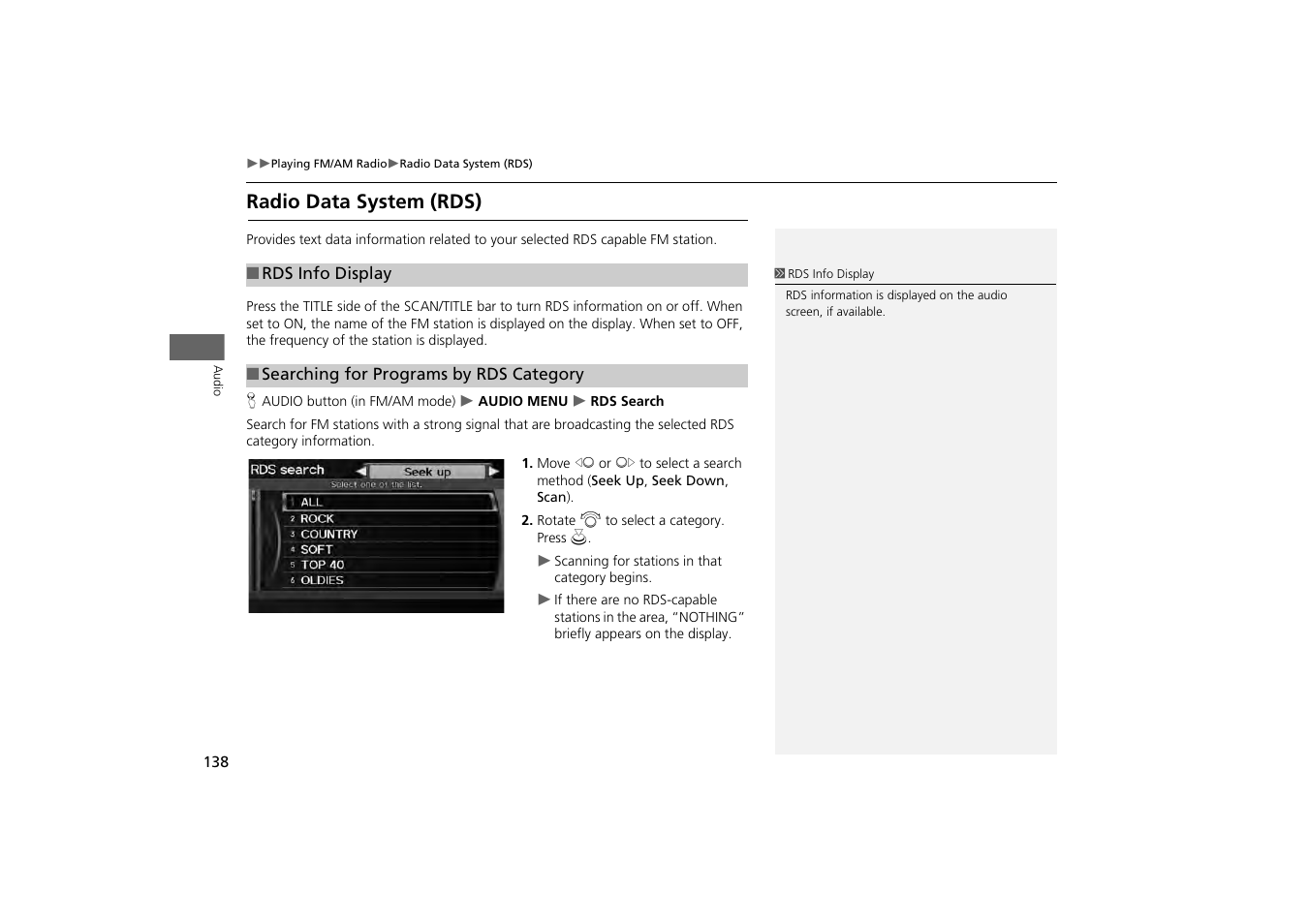 Radio data system (rds), Rds category, 2 searching for programs by rds category | P. 138 | Acura 2013 ZDX Navigation User Manual | Page 140 / 251