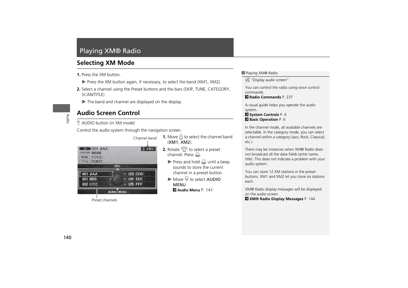 Playing xm® radio 140, P140), Playing xm® radio | Selecting xm mode audio screen control, Selecting xm mode, Audio screen control | Acura 2013 ZDX Navigation User Manual | Page 142 / 251