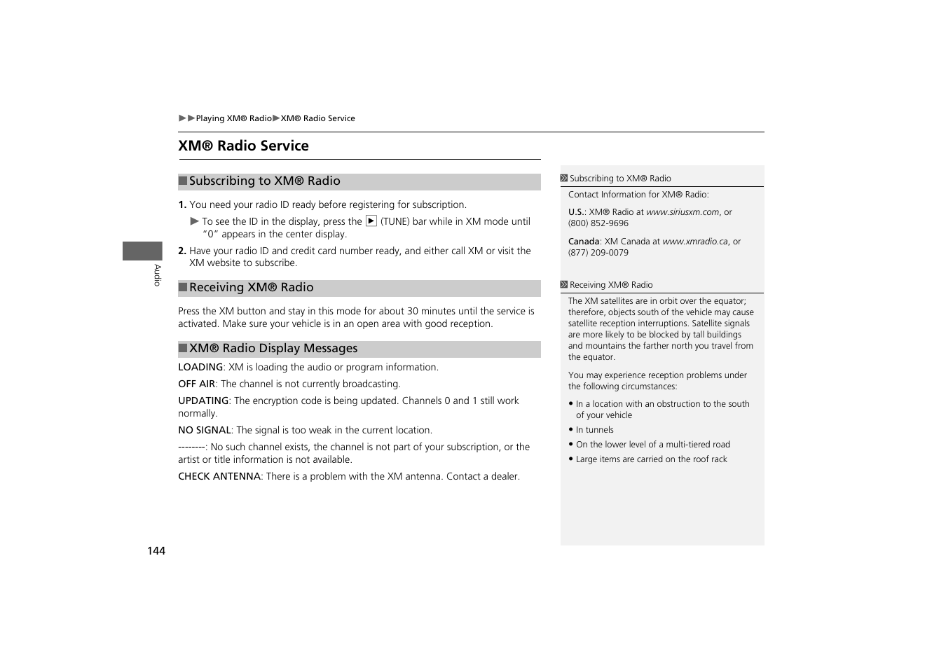 2 subscribing to xm® radio p. 144, Xm® radio service, 2 xm® radio display messages p. 144 | Acura 2013 ZDX Navigation User Manual | Page 146 / 251