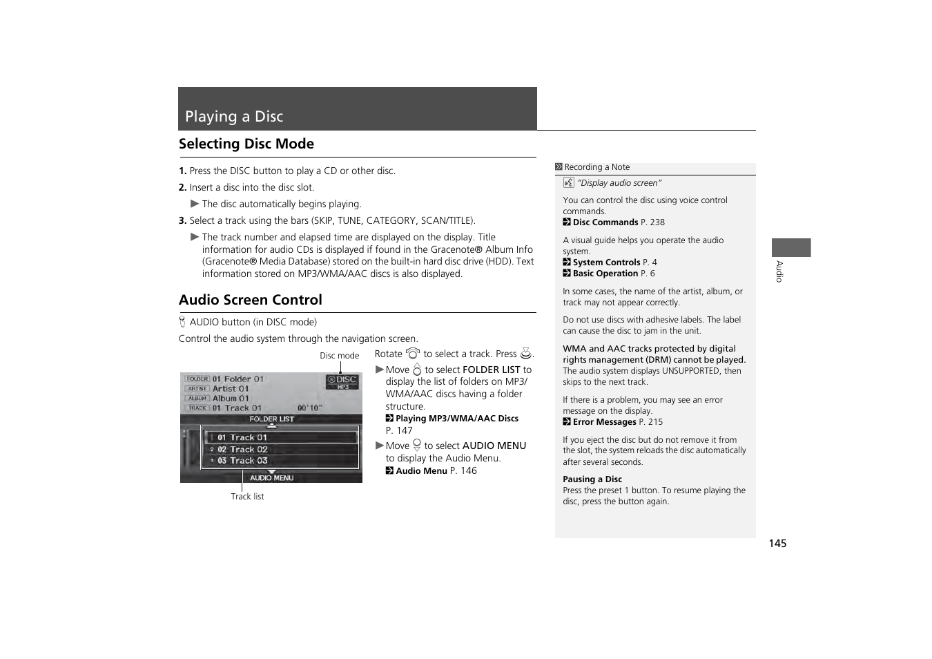 Playing a disc 145, P145), Compact disc | Playing a disc, Selecting disc mode audio screen control, Selecting disc mode, Audio screen control | Acura 2013 ZDX Navigation User Manual | Page 147 / 251