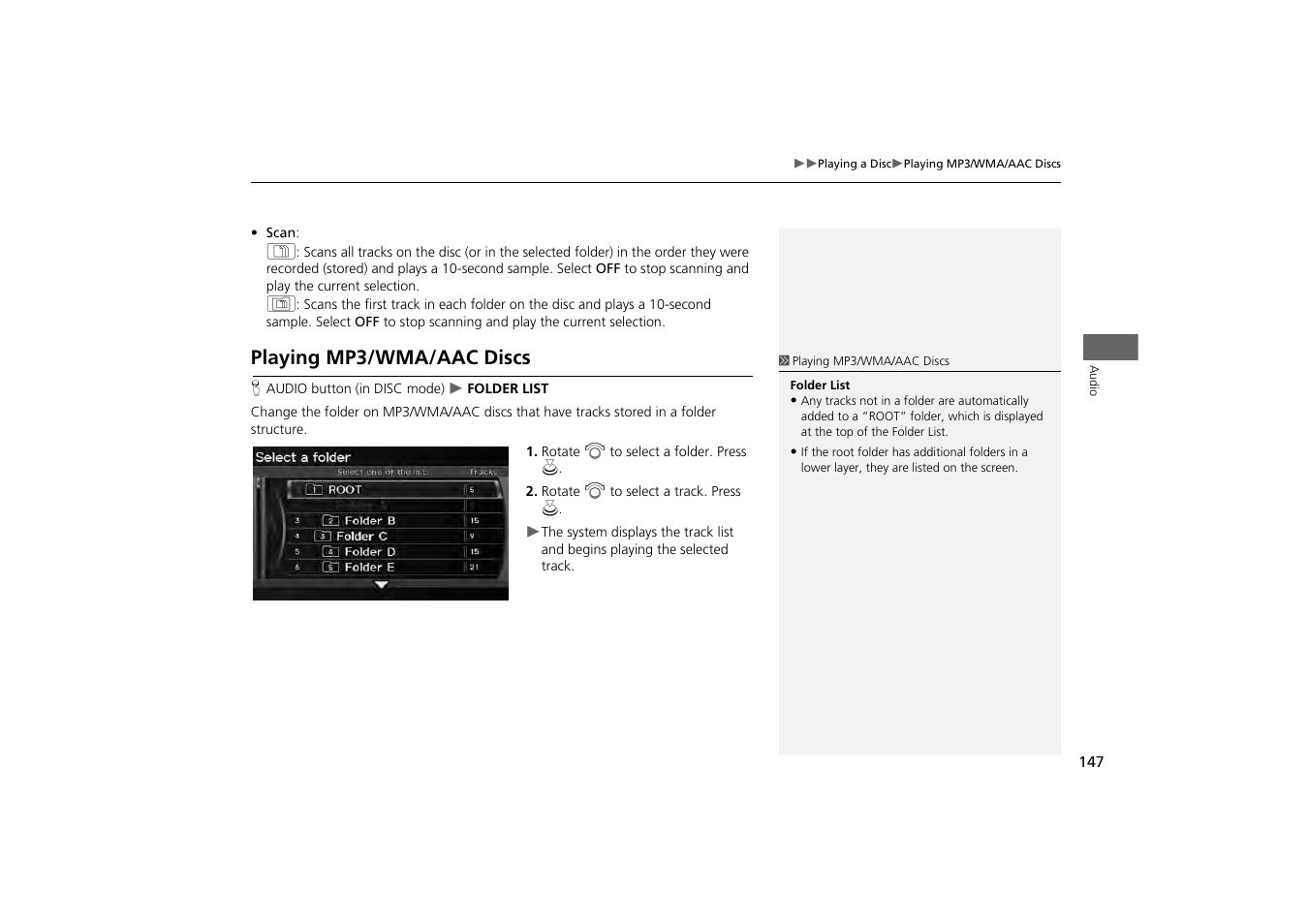 Playing mp3/wma/aac discs, Structure, 2 playing mp3/wma/aac discs | P. 147 | Acura 2013 ZDX Navigation User Manual | Page 149 / 251