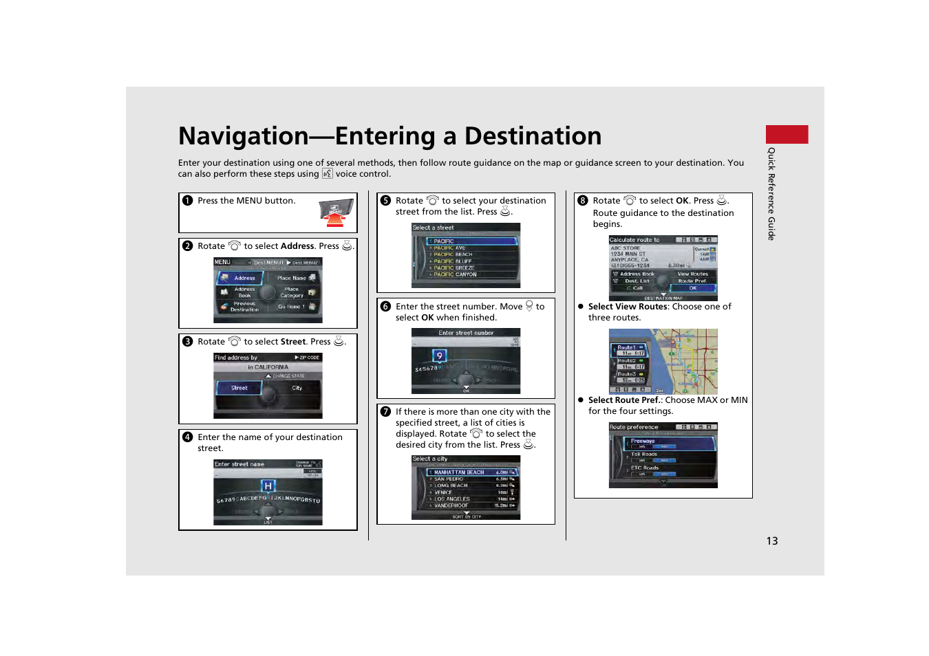 Navigation—entering a destination | Acura 2013 ZDX Navigation User Manual | Page 15 / 251