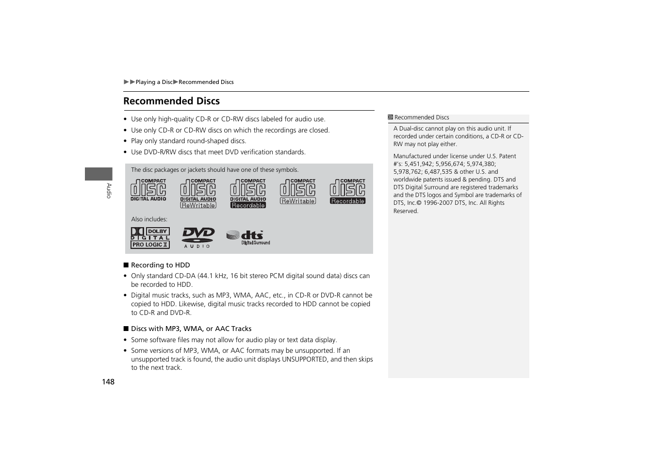 Recommended discs | Acura 2013 ZDX Navigation User Manual | Page 150 / 251