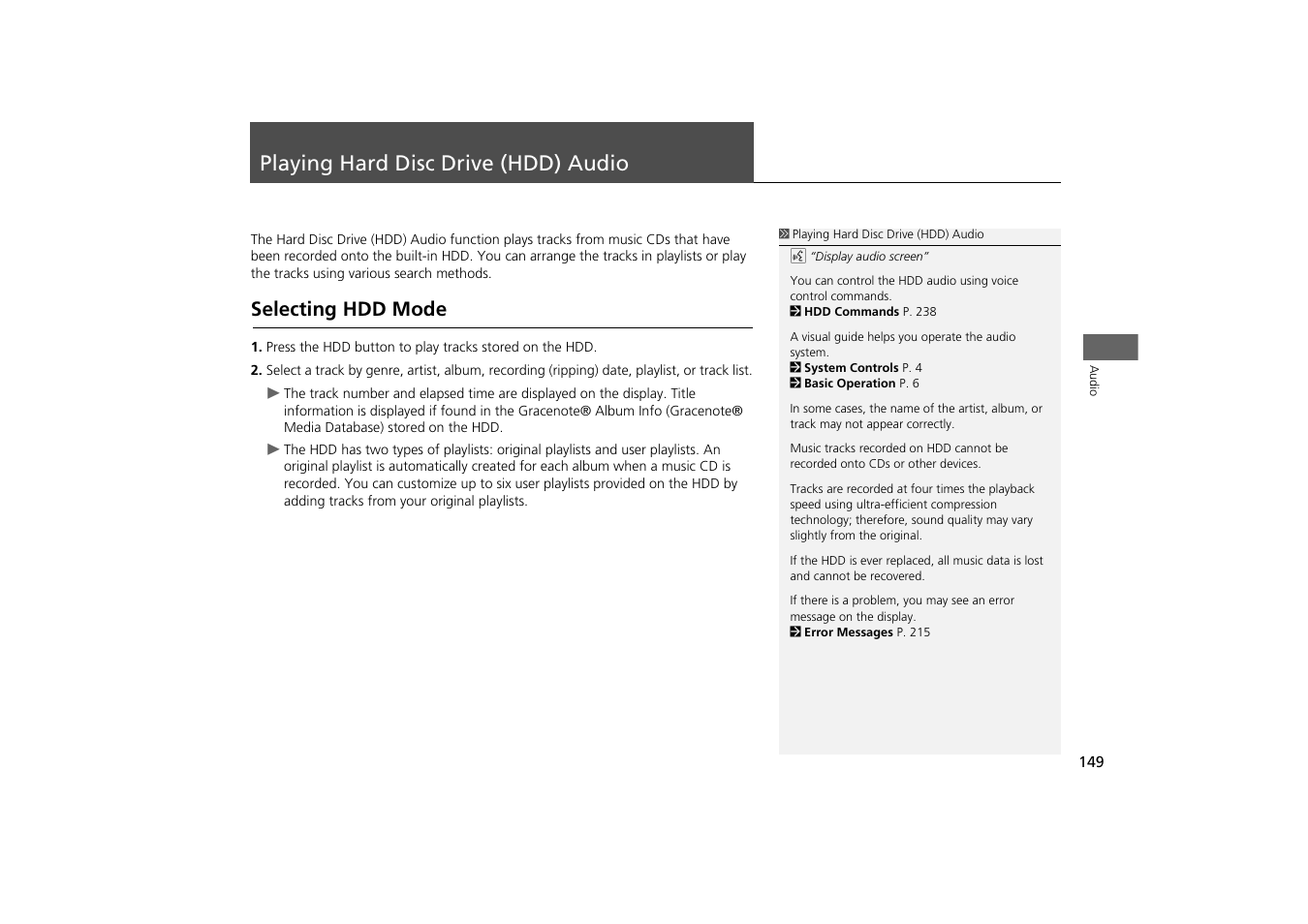 Playing hard disc drive (hdd) audio 149, P149), Hard disk drive (hdd) | Playing hard disc drive (hdd) audio, Selecting hdd mode | Acura 2013 ZDX Navigation User Manual | Page 151 / 251