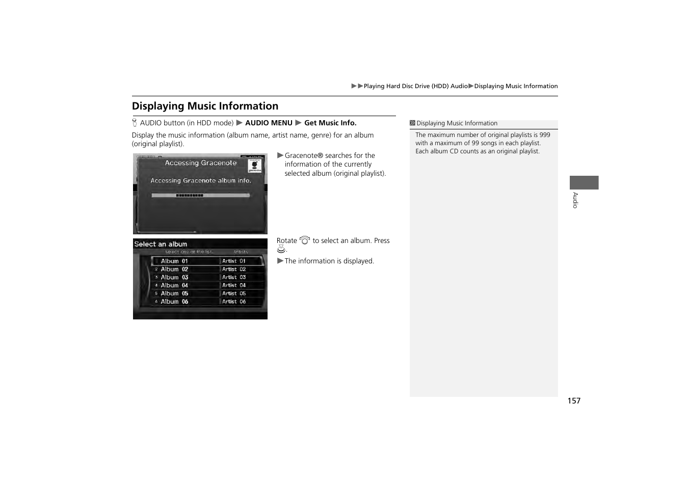 Displaying music information, 2 displaying music information, P. 157 | Acura 2013 ZDX Navigation User Manual | Page 159 / 251