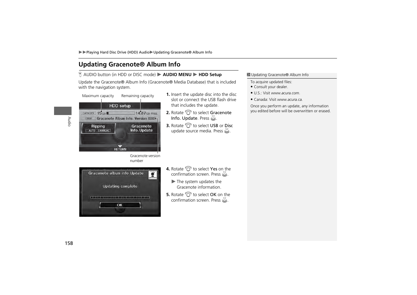 Updating gracenote® album info, 2 updating gracenote® album info, P. 158 | Acura 2013 ZDX Navigation User Manual | Page 160 / 251