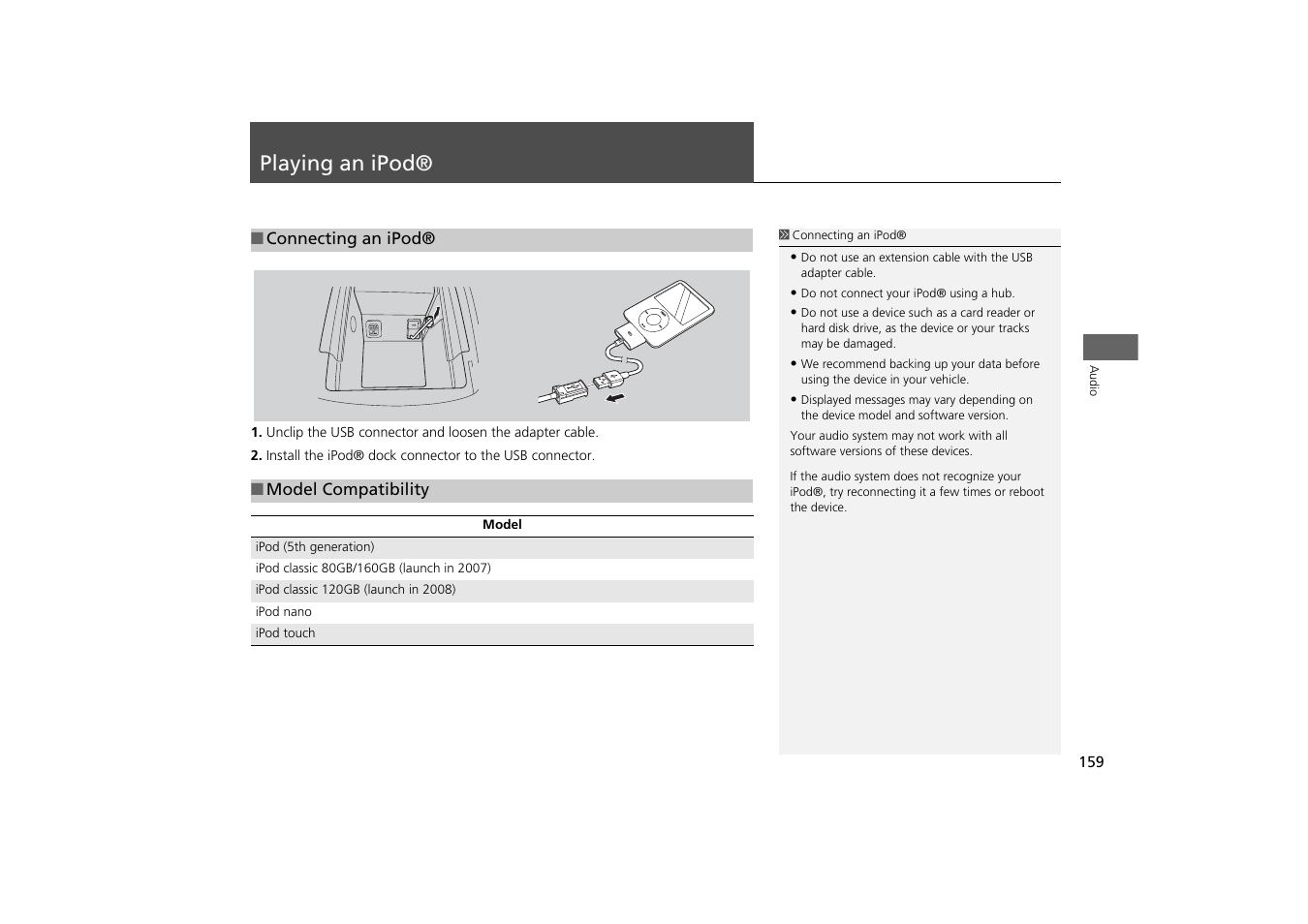 Playing an ipod® 159, P159), Usb flash drive | Playing an ipod | Acura 2013 ZDX Navigation User Manual | Page 161 / 251