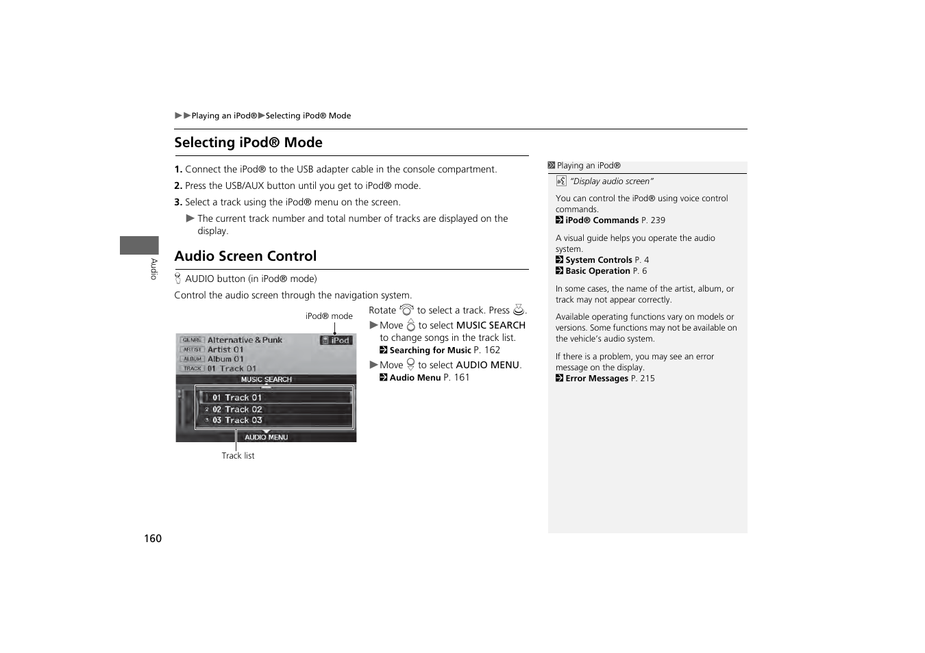 Selecting ipod® mode audio screen control, Selecting ipod® mode, Audio screen control | Acura 2013 ZDX Navigation User Manual | Page 162 / 251