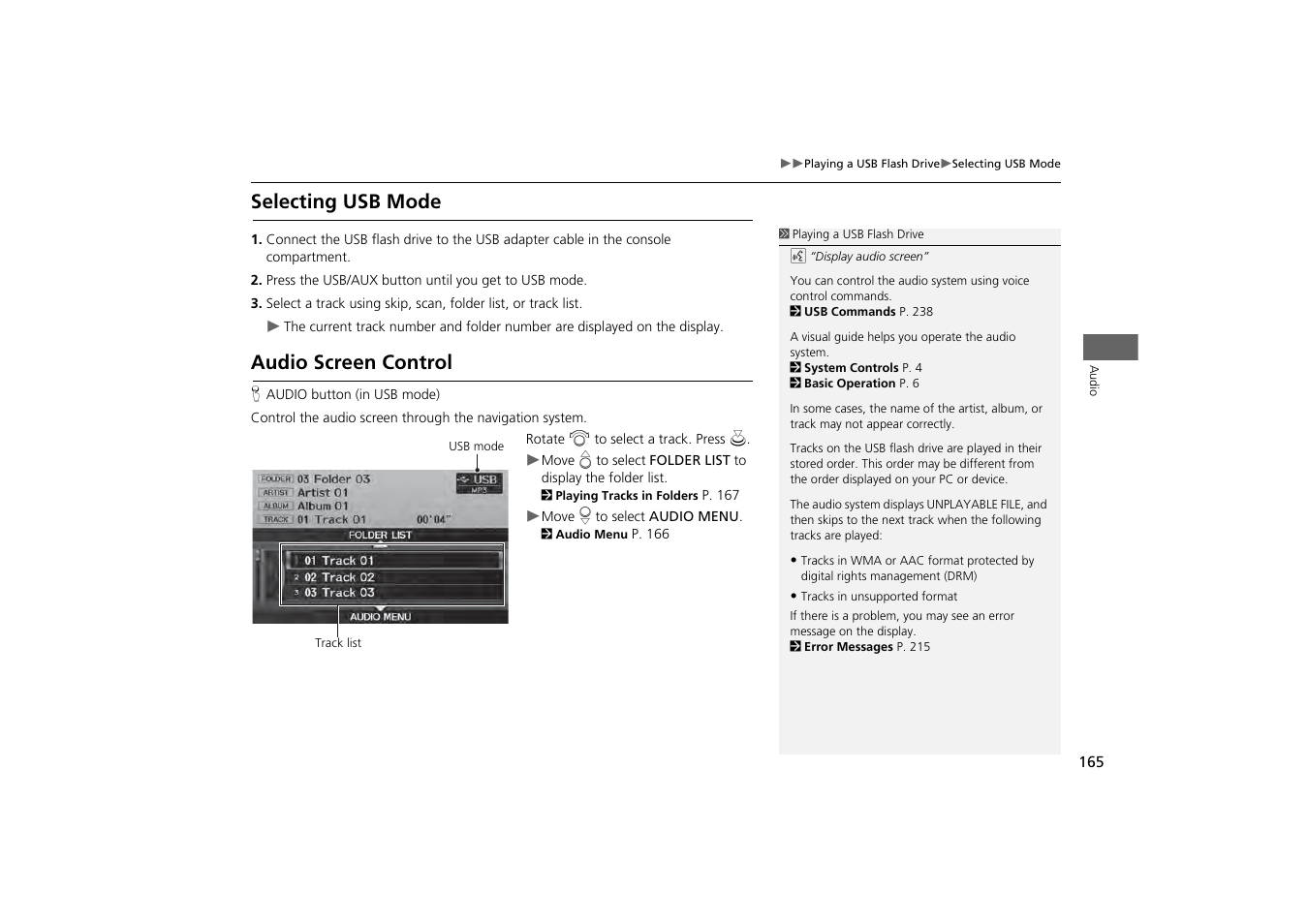 Selecting usb mode audio screen control, Selecting usb mode, Audio screen control | Acura 2013 ZDX Navigation User Manual | Page 167 / 251