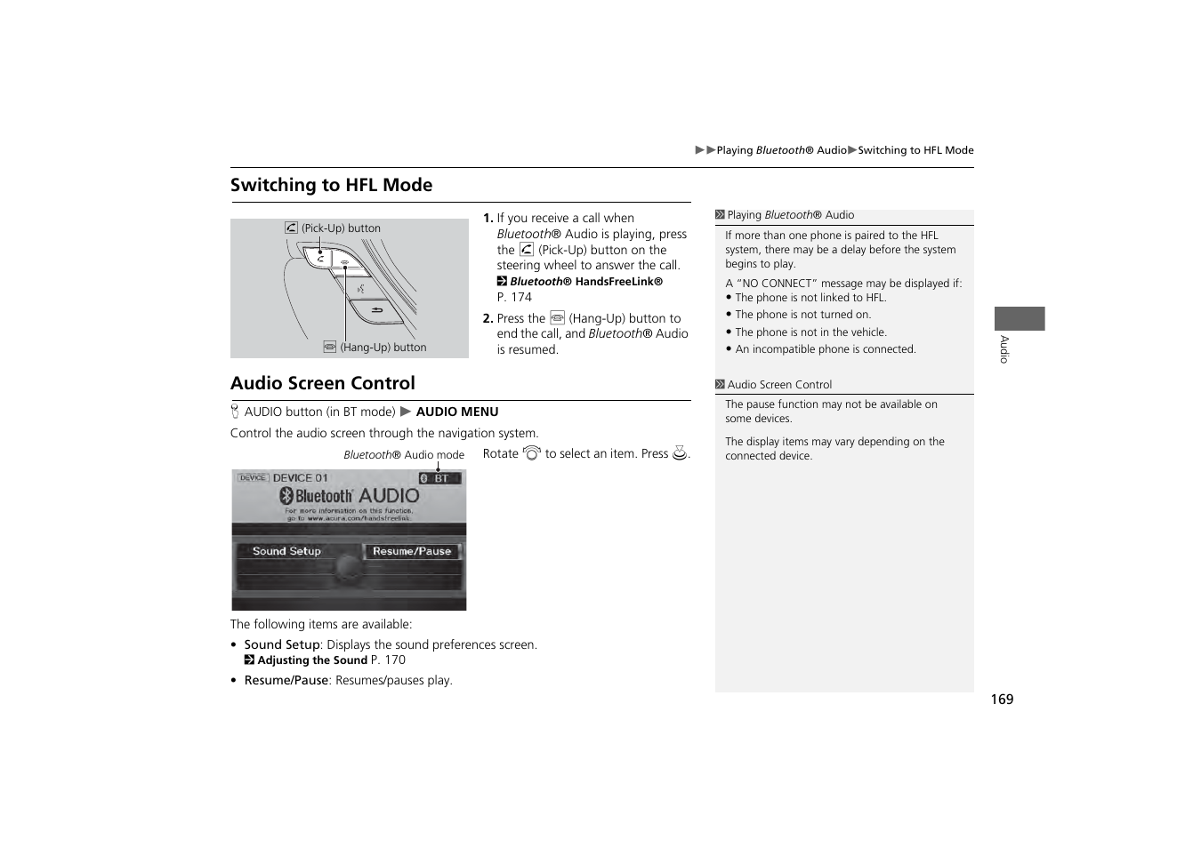 Switching to hfl mode audio screen control, Switching to hfl mode, Audio screen control | Acura 2013 ZDX Navigation User Manual | Page 171 / 251