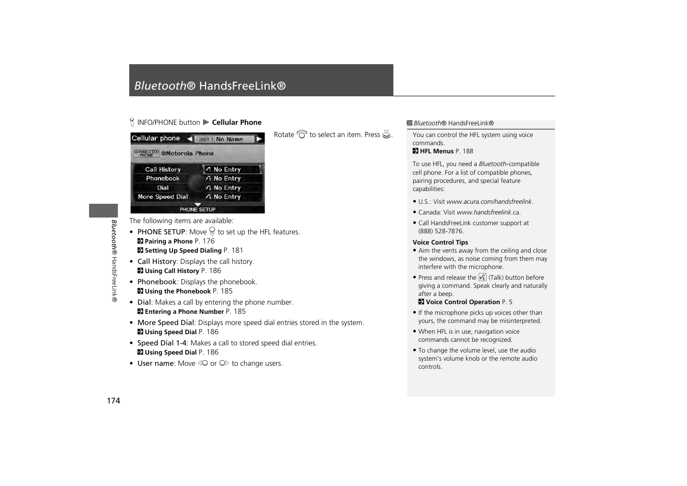 Bluetooth ® handsfreelink® 174, P174), 2 bluetooth ® handsfreelink® p. 174 | 2 bluetooth ® handsfreelink, P. 174, Bluetooth ® handsfreelink | Acura 2013 ZDX Navigation User Manual | Page 176 / 251