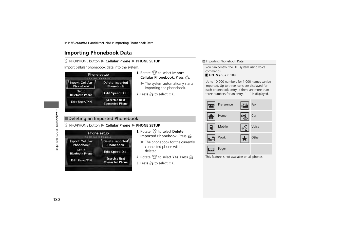 Importing phonebook data 180, Importing phonebook data | Acura 2013 ZDX Navigation User Manual | Page 182 / 251