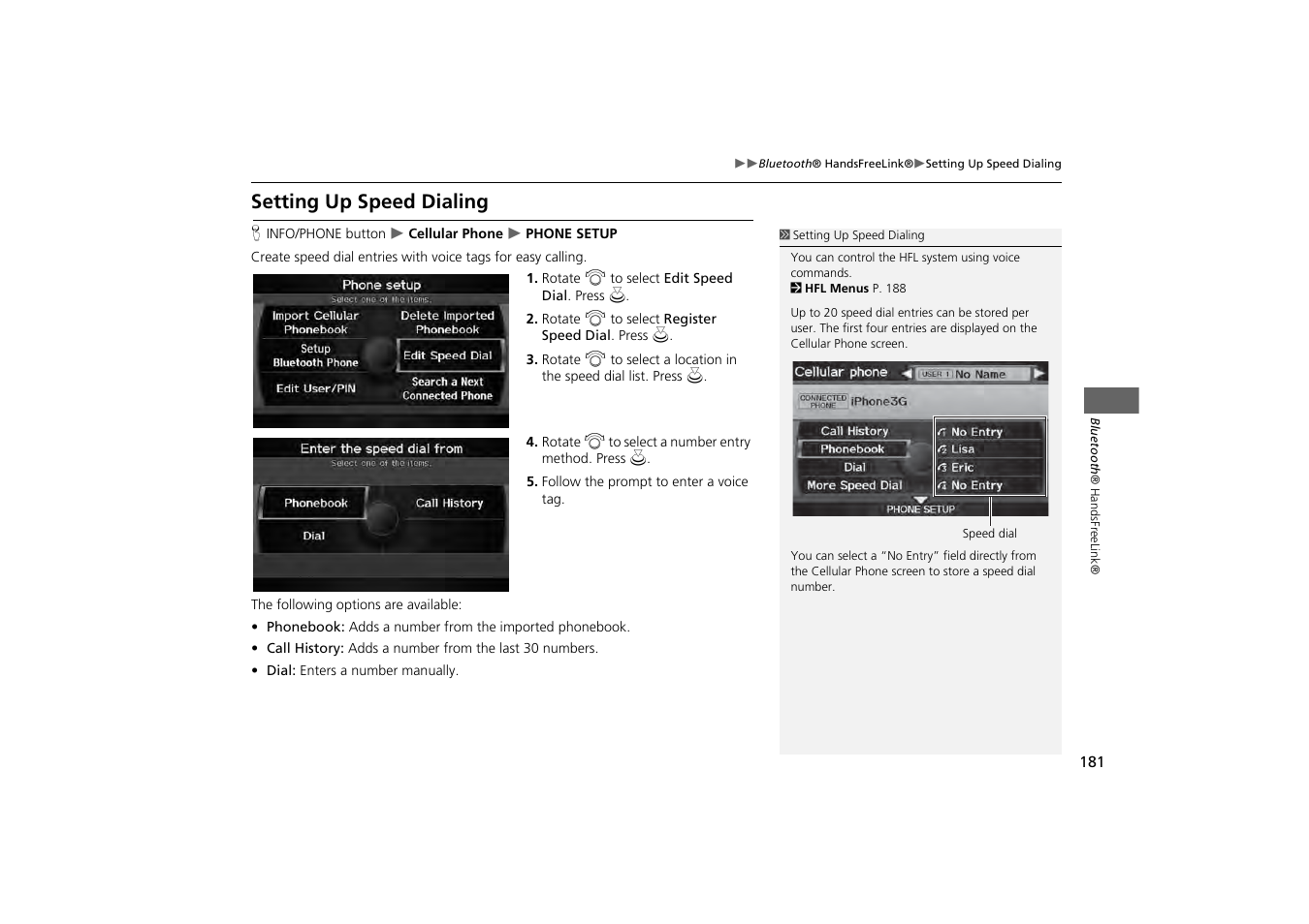 Setting up speed dialing 181, Setting up speed dialing, 2 setting up speed dialing | P. 181 | Acura 2013 ZDX Navigation User Manual | Page 183 / 251