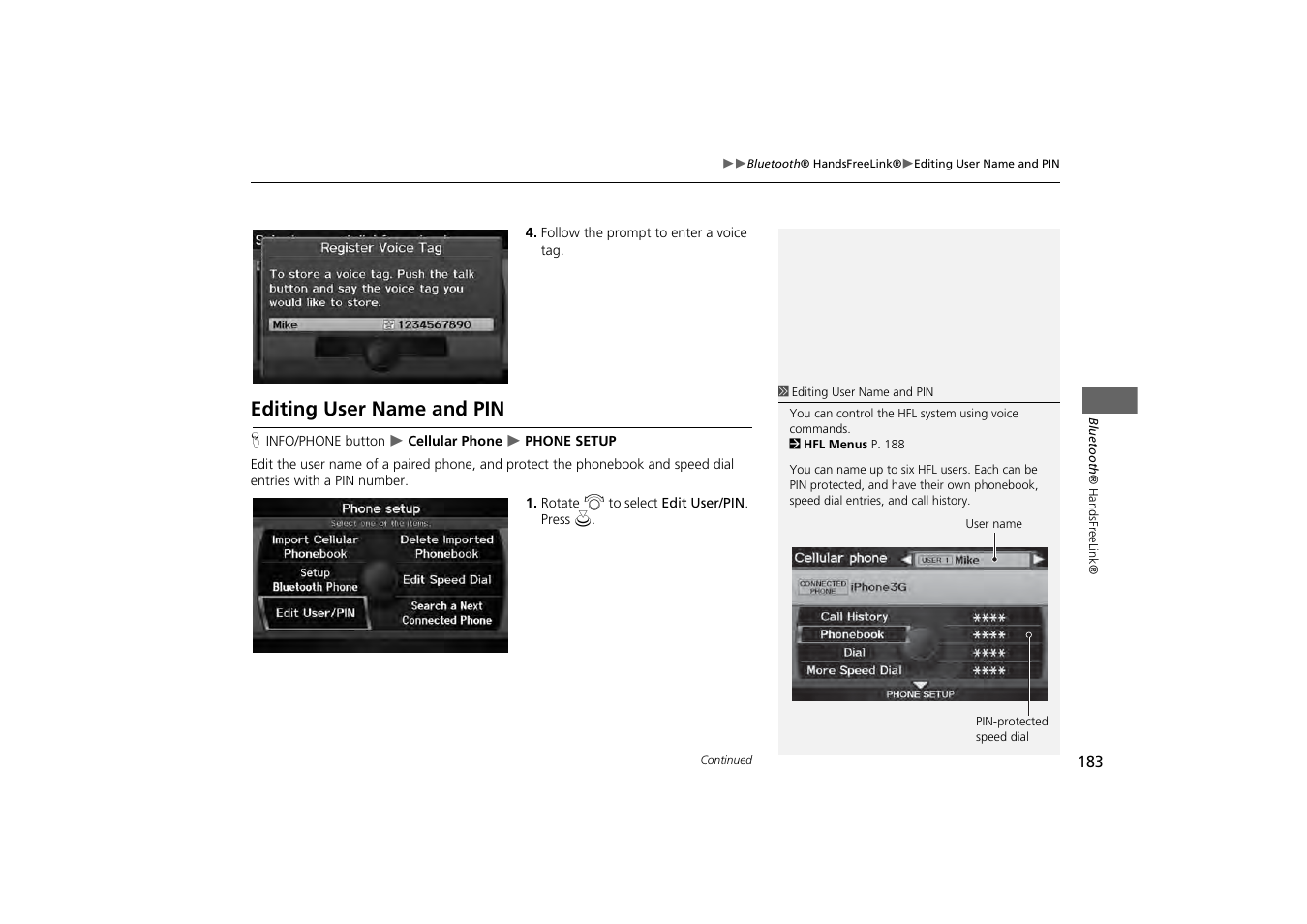 Editing user name and pin 183, Editing user name and pin | Acura 2013 ZDX Navigation User Manual | Page 185 / 251