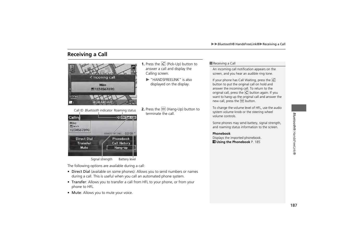 Receiving a call 187, P187), Receiving a call | Acura 2013 ZDX Navigation User Manual | Page 189 / 251