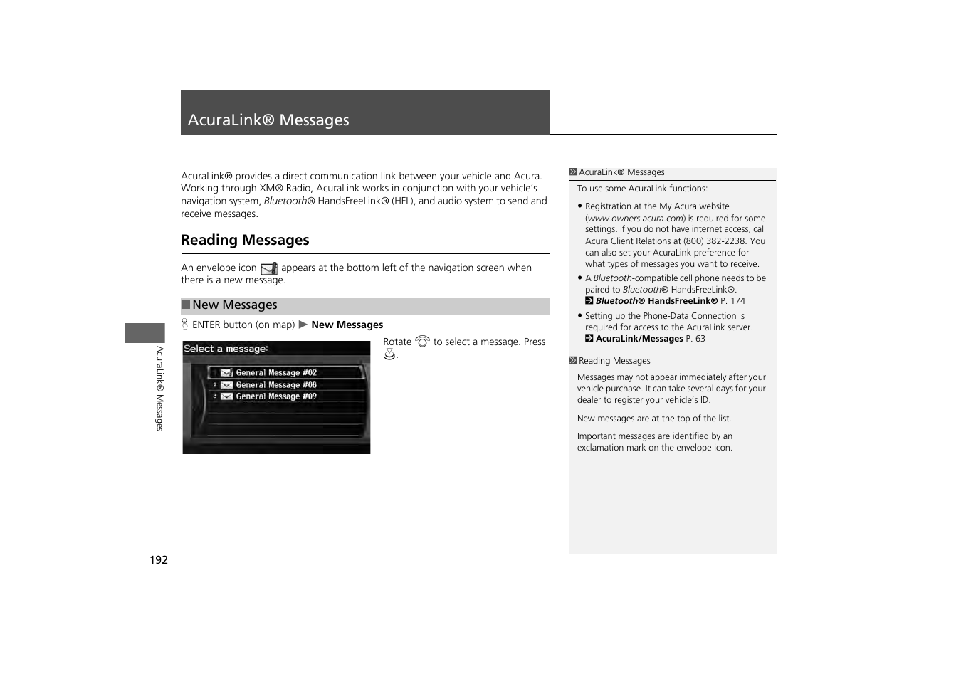 Acuralink® messages 192, Reading messages 192, P192) | 2 acuralink® messages p. 192, Essages, 2 acuralink® messages, P. 192, Acuralink® messages, Reading messages | Acura 2013 ZDX Navigation User Manual | Page 194 / 251