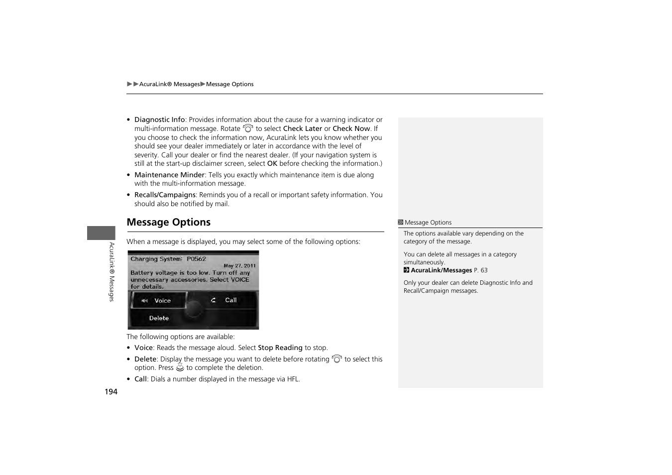 Message options 194, Message options, 2 message options p. 194 | Acura 2013 ZDX Navigation User Manual | Page 196 / 251