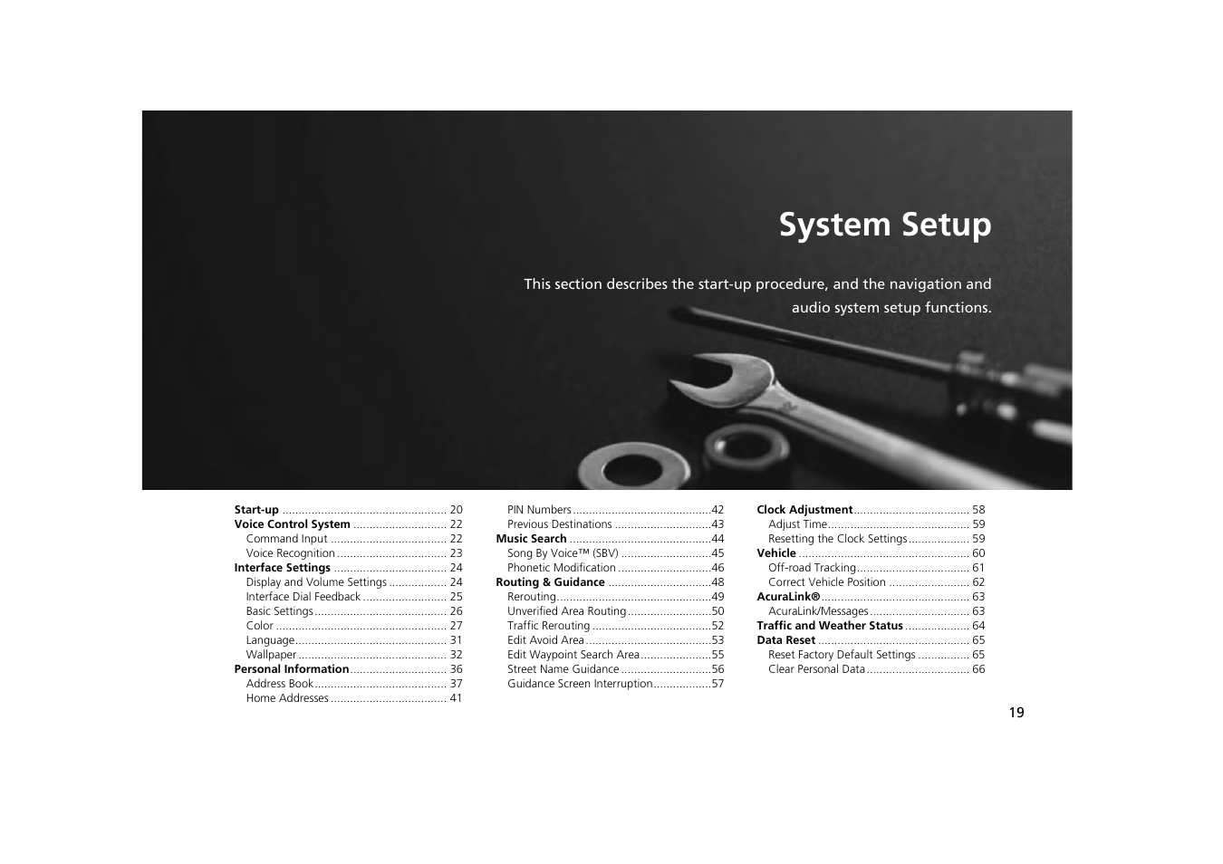 2 system setup p. 19, System setup, P.19 | Acura 2013 ZDX Navigation User Manual | Page 21 / 251