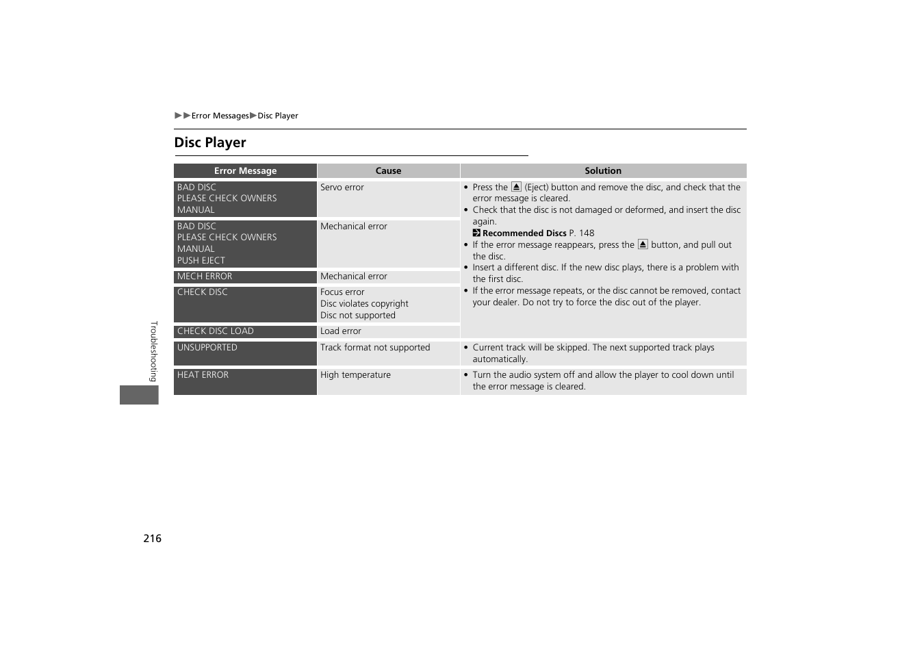 Disc player | Acura 2013 ZDX Navigation User Manual | Page 218 / 251