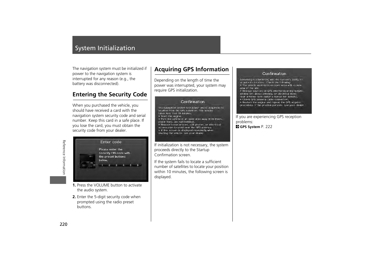 System initialization 220, 2 system initialization p. 220, System initialization | Entering the security code, Acquiring gps information | Acura 2013 ZDX Navigation User Manual | Page 222 / 251