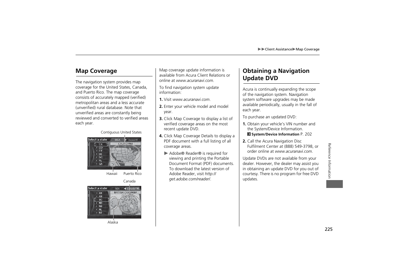 2 map coverage p. 225, Map coverage obtaining a navigation update dvd, 2 obtaining a navigation update dvd | P. 225, Map coverage, Obtaining a navigation update dvd | Acura 2013 ZDX Navigation User Manual | Page 227 / 251