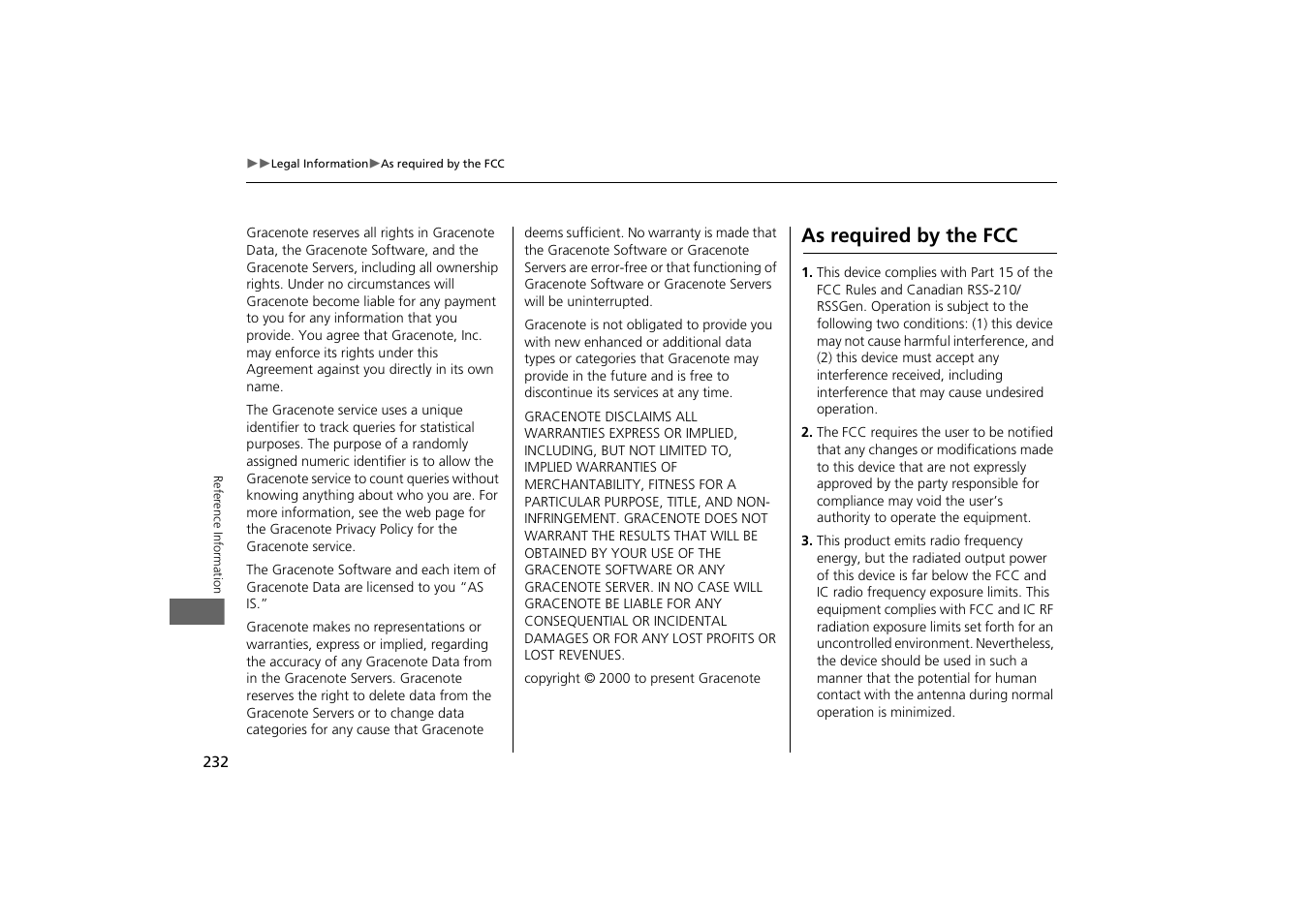 As required by the fcc | Acura 2013 ZDX Navigation User Manual | Page 234 / 251