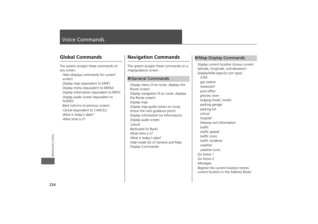 Voice commands 234, 2 voice commands, P. 234 | Oice commands. 2 global commands p. 234, 2 map display commands p. 234, Mmands. 2 map display commands p. 234, Voice commands, Global commands navigation commands | Acura 2013 ZDX Navigation User Manual | Page 236 / 251