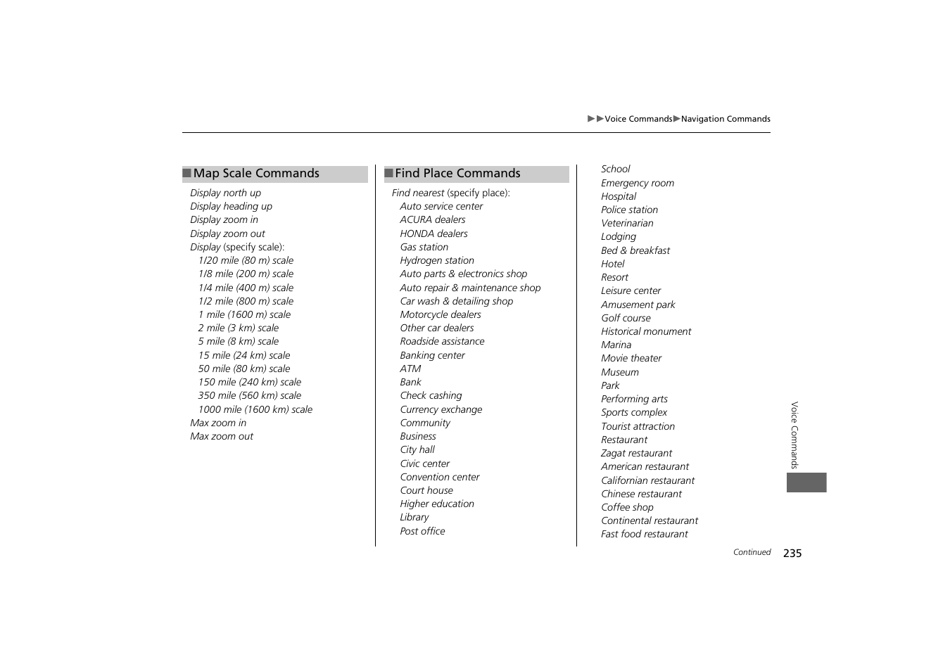 2 map scale commands p. 235 | Acura 2013 ZDX Navigation User Manual | Page 237 / 251