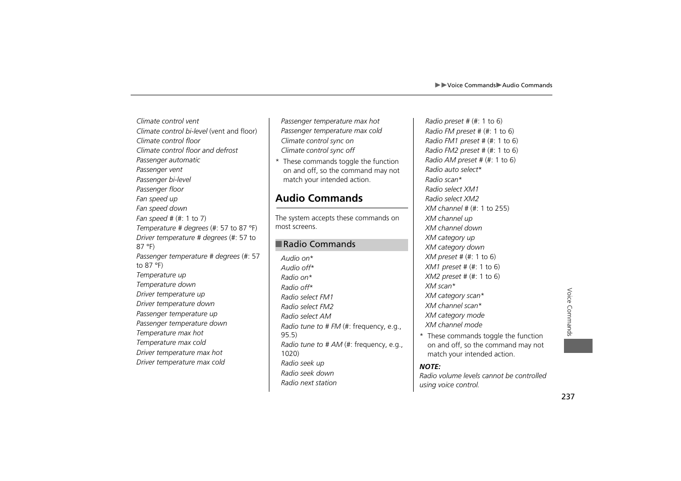 2 radio commands p. 237, Audio commands | Acura 2013 ZDX Navigation User Manual | Page 239 / 251