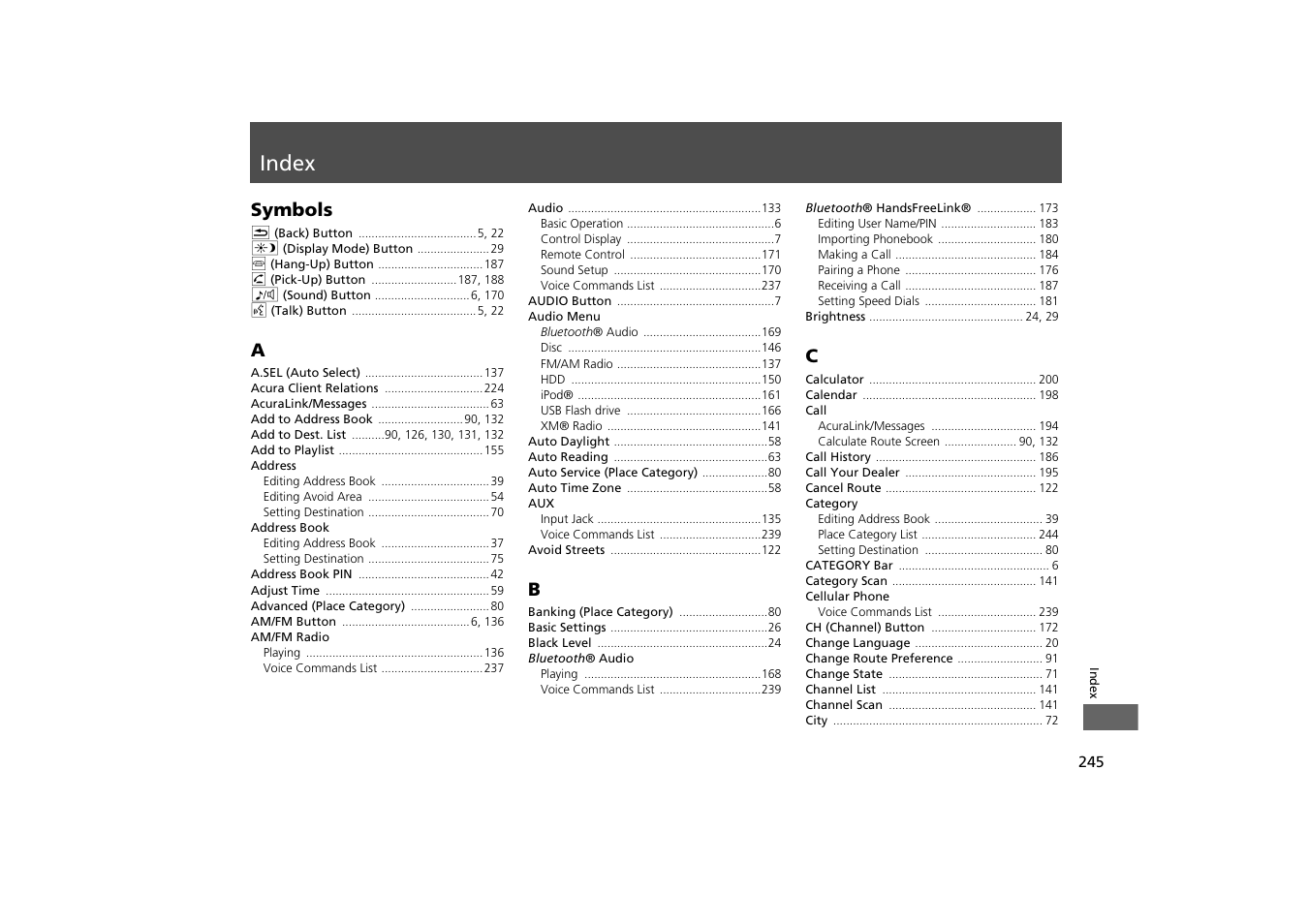 Index, P.245 | Acura 2013 ZDX Navigation User Manual | Page 247 / 251