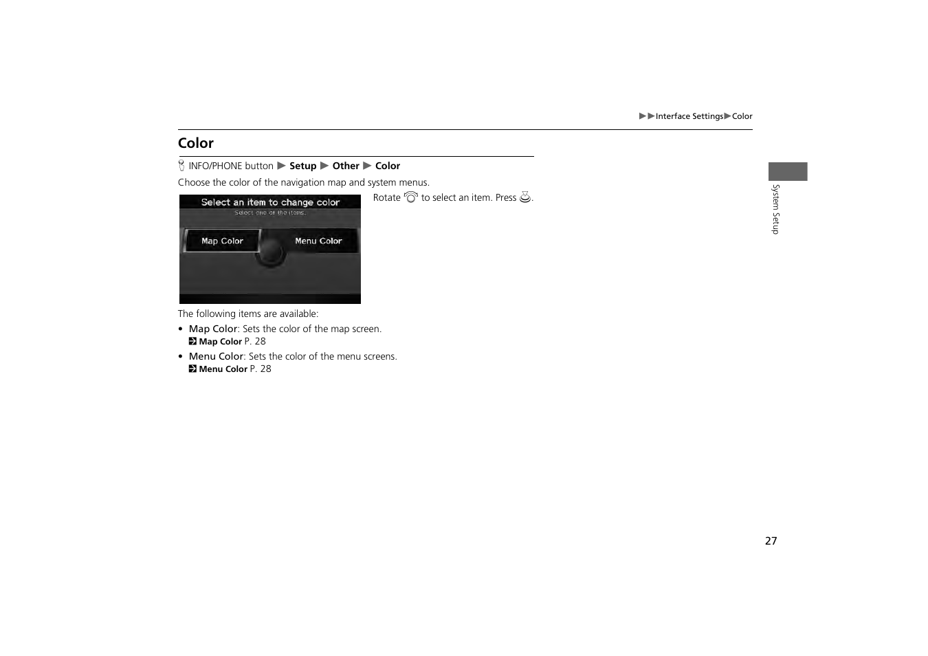 Color | Acura 2013 ZDX Navigation User Manual | Page 29 / 251