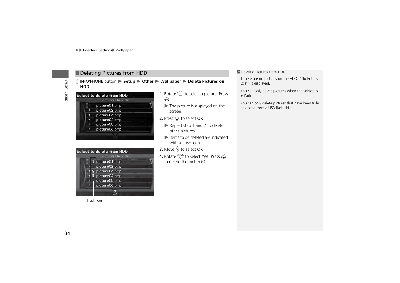 2 deleting pictures from hdd, P. 34 | Acura 2013 ZDX Navigation User Manual | Page 36 / 251