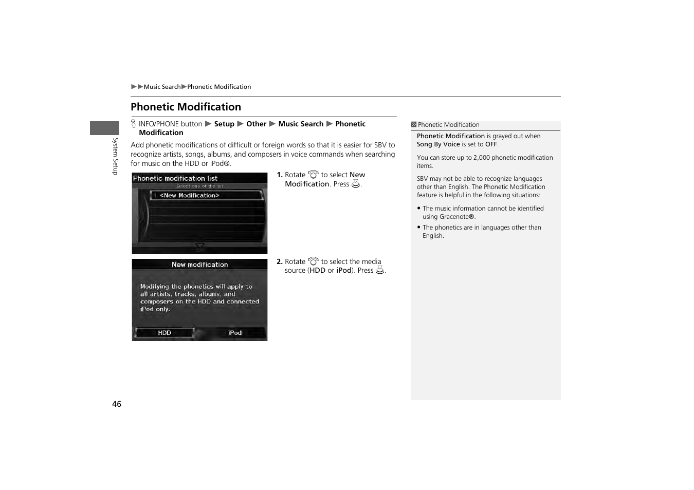 Phonetic modification, 2 phonetic modification, P. 46 | Acura 2013 ZDX Navigation User Manual | Page 48 / 251