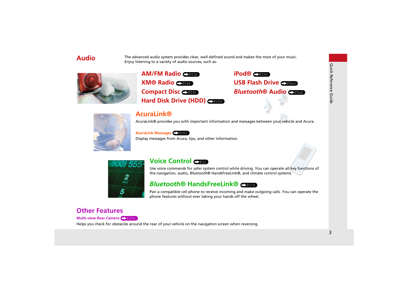 Other features, Audio, Acuralink | Voice control, Bluetooth ® handsfreelink | Acura 2013 ZDX Navigation User Manual | Page 5 / 251