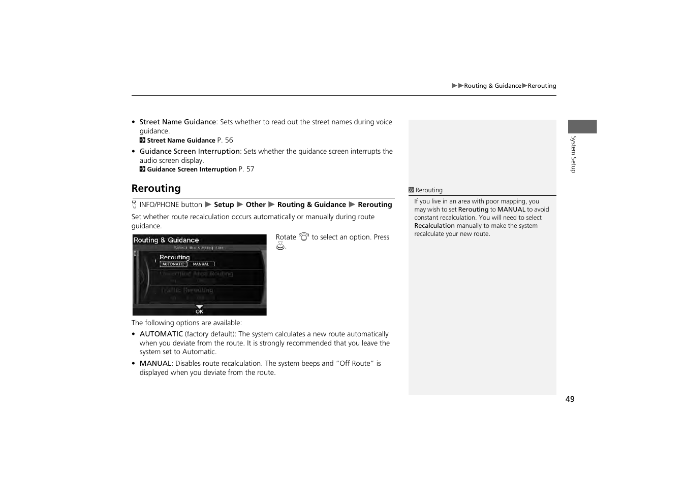 Rerouting, Lculation to automatic or manual mode, 2 rerouting | P. 49 | Acura 2013 ZDX Navigation User Manual | Page 51 / 251