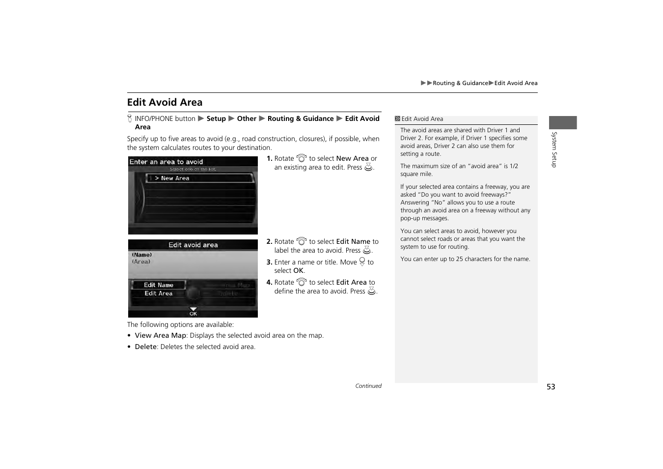 Edit avoid area, Route, 2 edit avoid area | P. 53 | Acura 2013 ZDX Navigation User Manual | Page 55 / 251