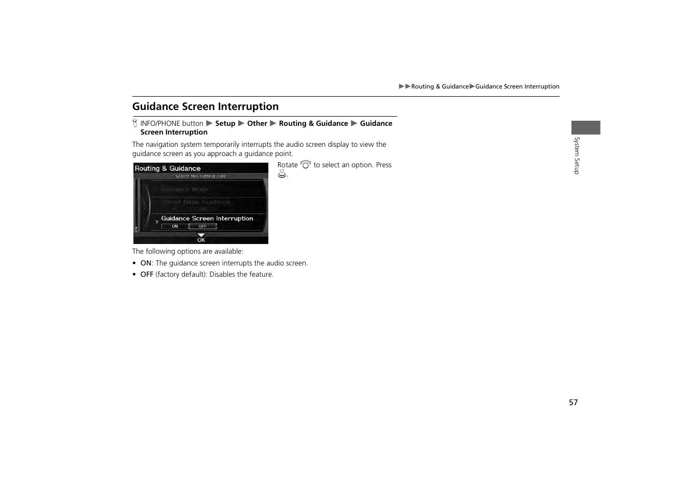 Guidance screen interruption, 2 guidance screen interruption, P. 57 | Acura 2013 ZDX Navigation User Manual | Page 59 / 251
