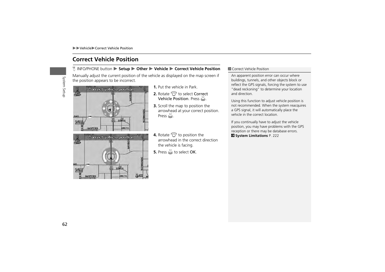 Correct vehicle position, Cle on the map, 2 correct vehicle position | P. 62 | Acura 2013 ZDX Navigation User Manual | Page 64 / 251