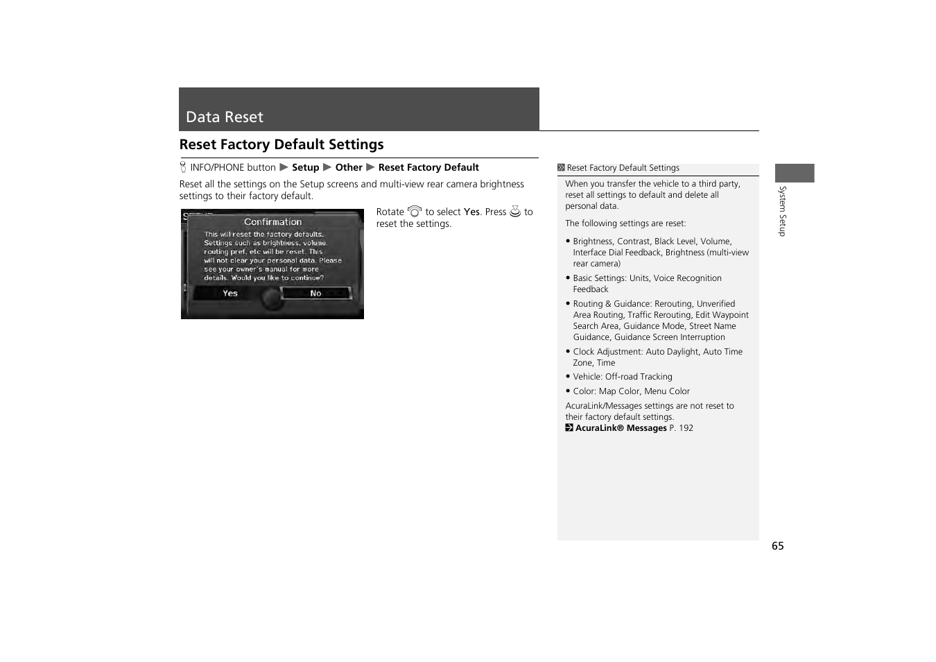 Data reset 65, Data reset, Reset factory default settings | Acura 2013 ZDX Navigation User Manual | Page 67 / 251