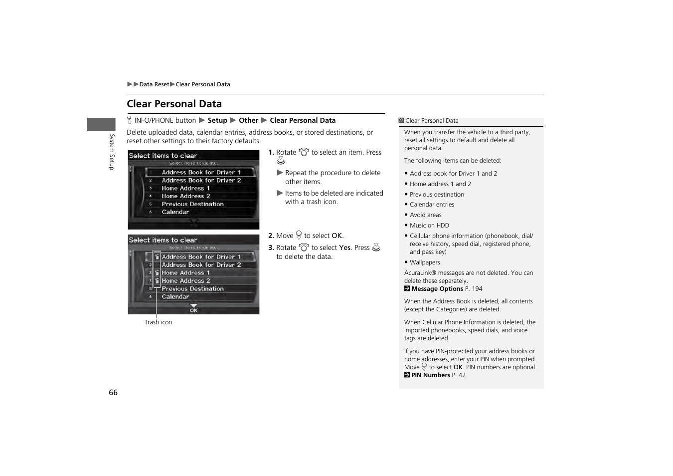 Clear personal data | Acura 2013 ZDX Navigation User Manual | Page 68 / 251