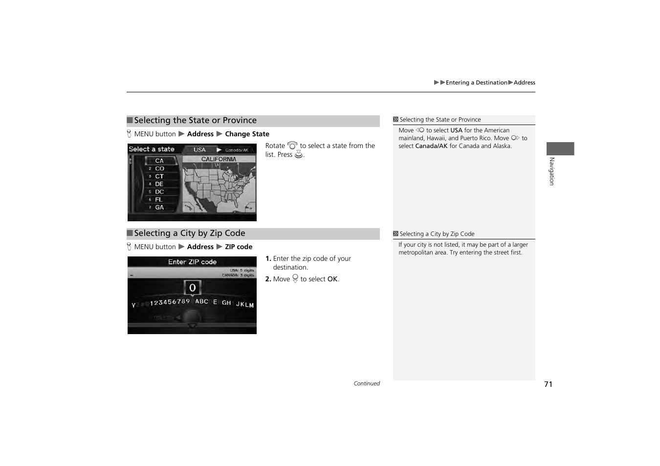 2 selecting the state or province, P. 71, 2 selecting a city by zip code | Acura 2013 ZDX Navigation User Manual | Page 73 / 251