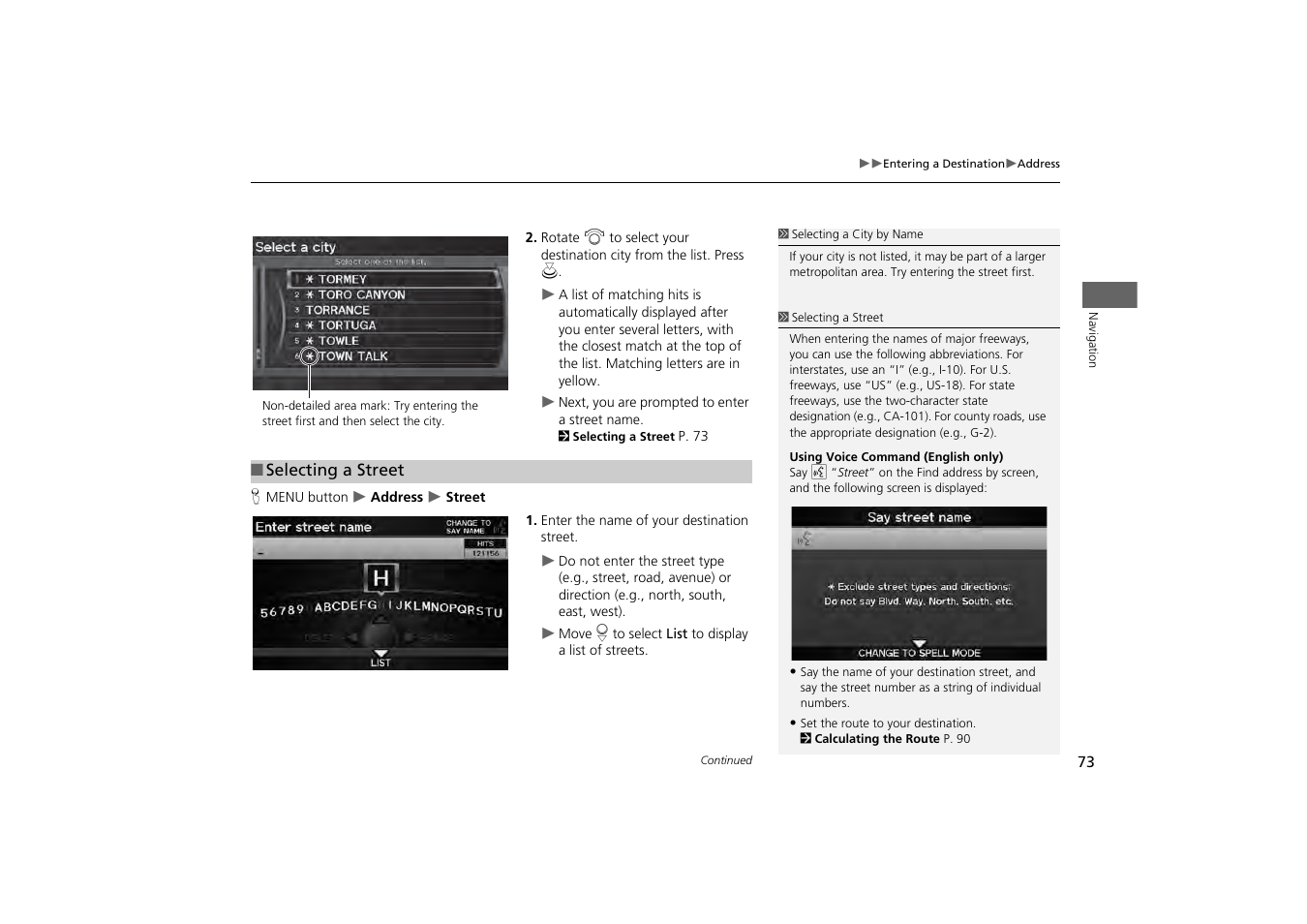 Reet, 2 selecting a street, P. 73 | Acura 2013 ZDX Navigation User Manual | Page 75 / 251