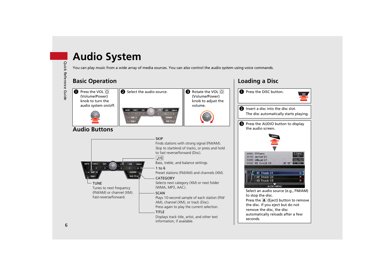 Sc slot, Gory bar, Audio system | Basic operation audio buttons, Loading a disc | Acura 2013 ZDX Navigation User Manual | Page 8 / 251