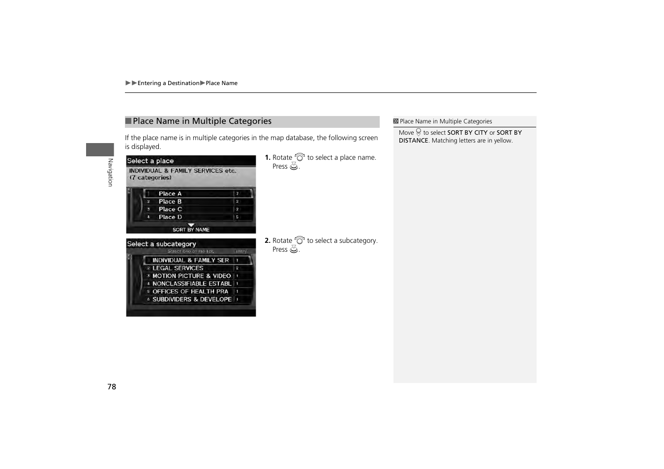 When you select it, 2 place name in multiple categories, P. 78 | Acura 2013 ZDX Navigation User Manual | Page 80 / 251